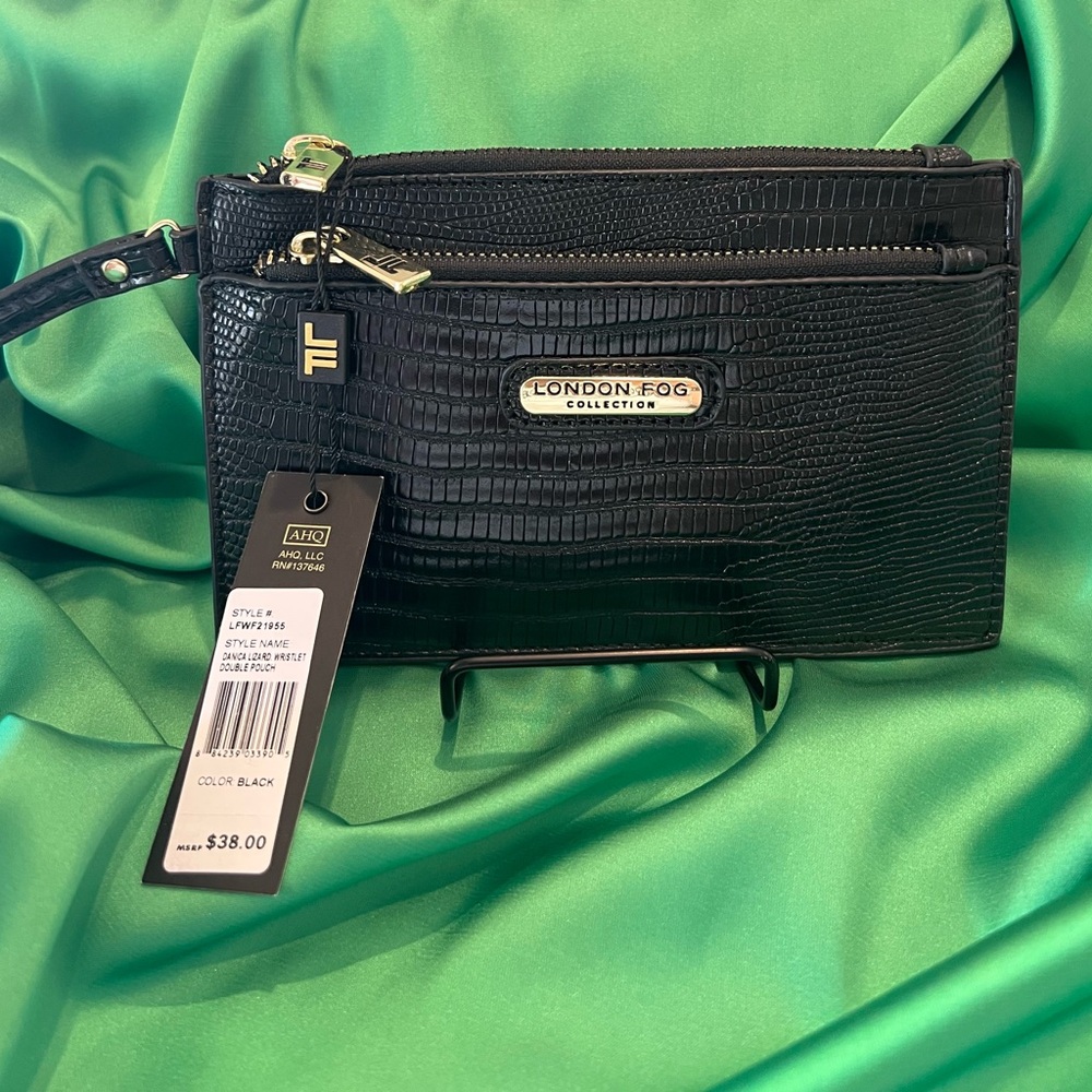 London Fog Black Croc-Embossed Wristlet